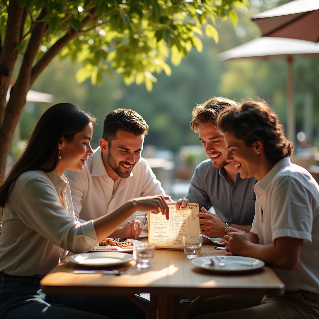 Grupo de personas conversando en una terraza mientras revisan una carta de precios