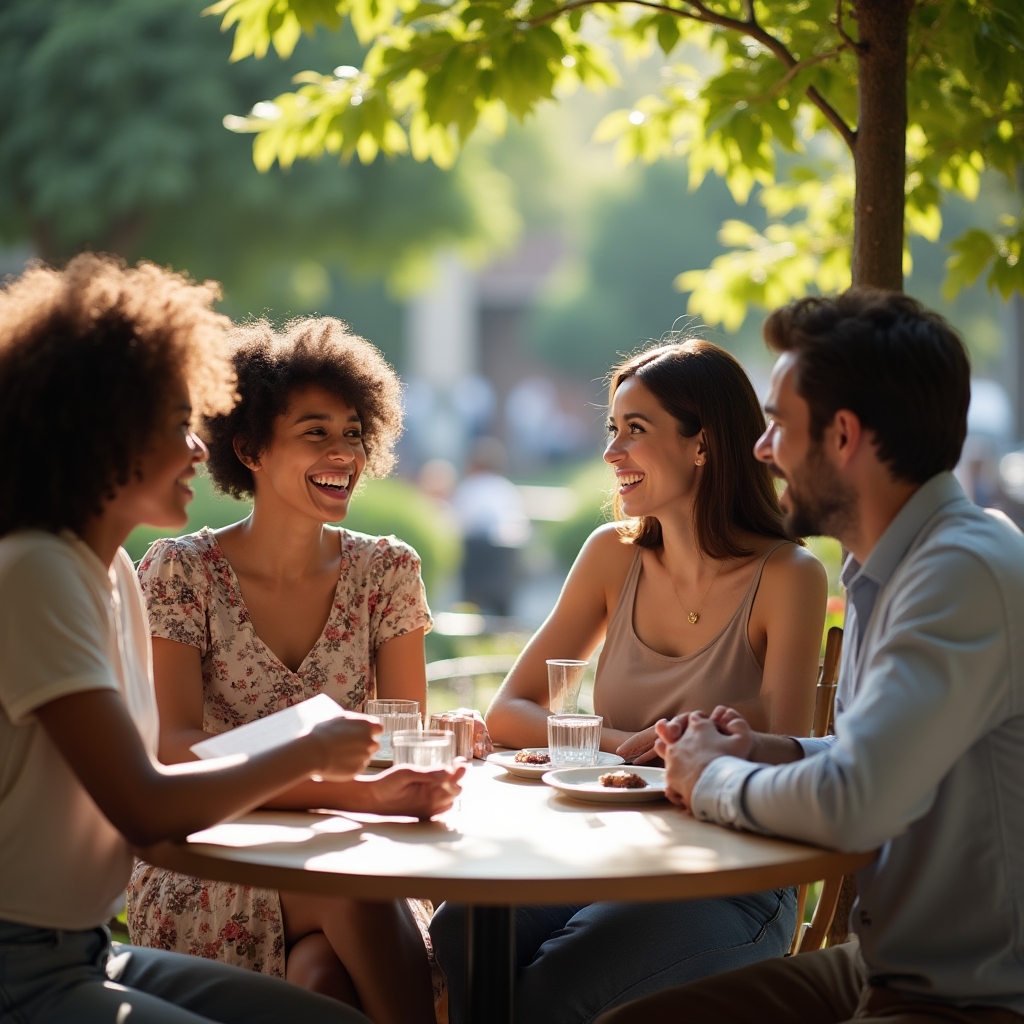 Grupo de amigos conversando alrededor de una mesa en un ambiente distendido