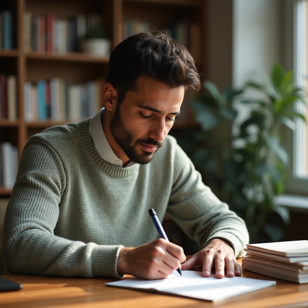 Persona anotando sus valores personales en un cuaderno junto a libros de estudio