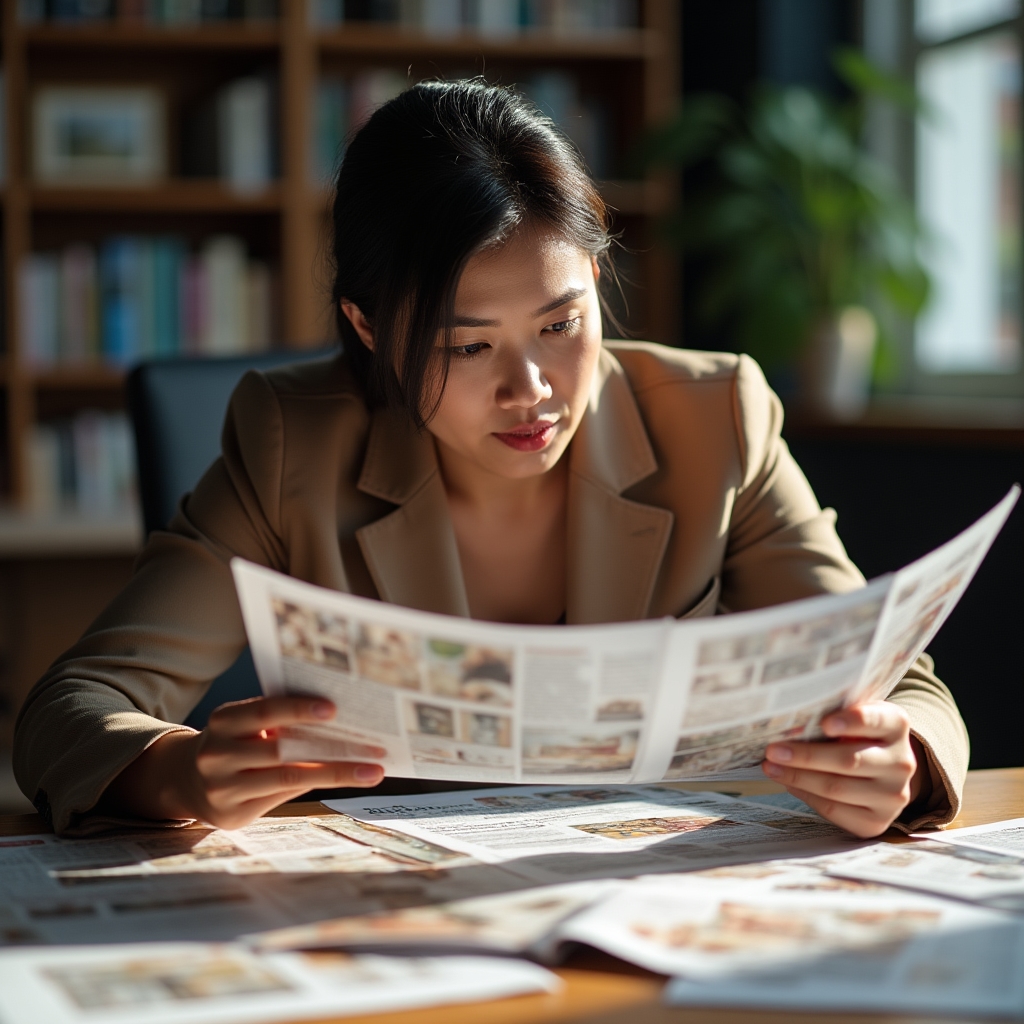 Persona analizando distintos anuncios publicitarios impresos sobre una mesa de estudio
